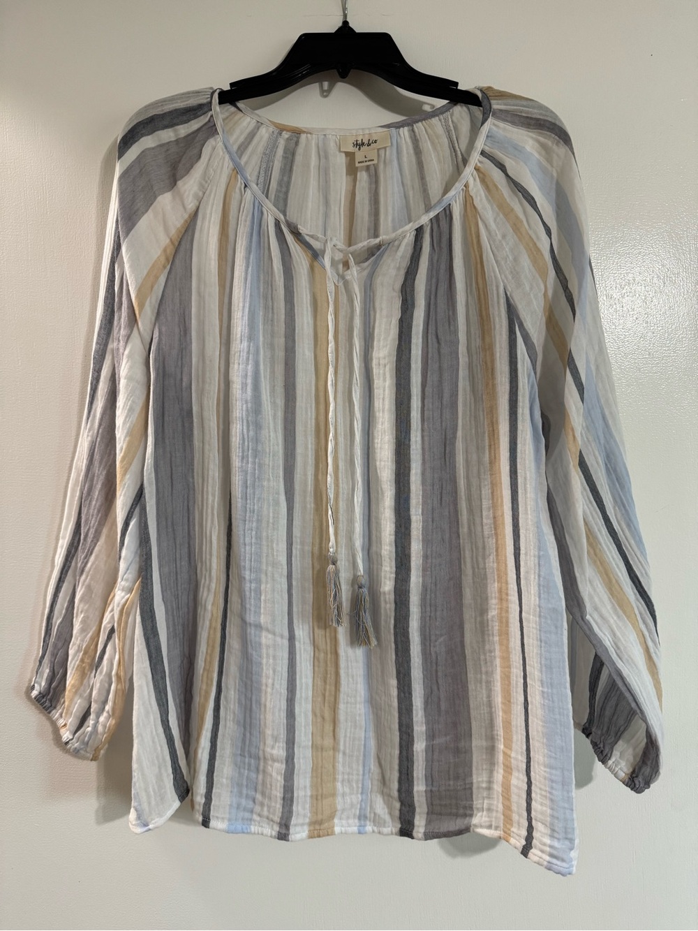 Style & Co. Striped Peasant Blouse - White, Gray, Blue, Tan